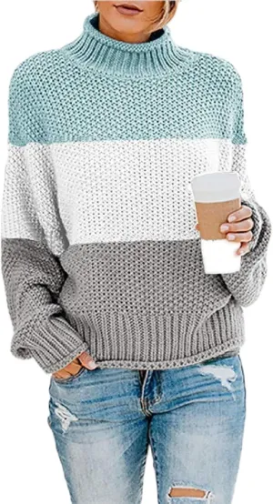 Womens Chunky Cable Knitted Sweaters Casual Loose Colorblocked Crew Neck Sweater 2024 Winter New Knit Basic Sweaters