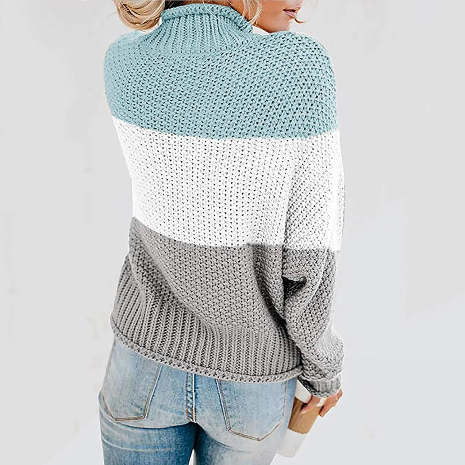 Womens Chunky Cable Knitted Sweaters Casual Loose Colorblocked Crew Neck Sweater 2024 Winter New Knit Basic Sweaters