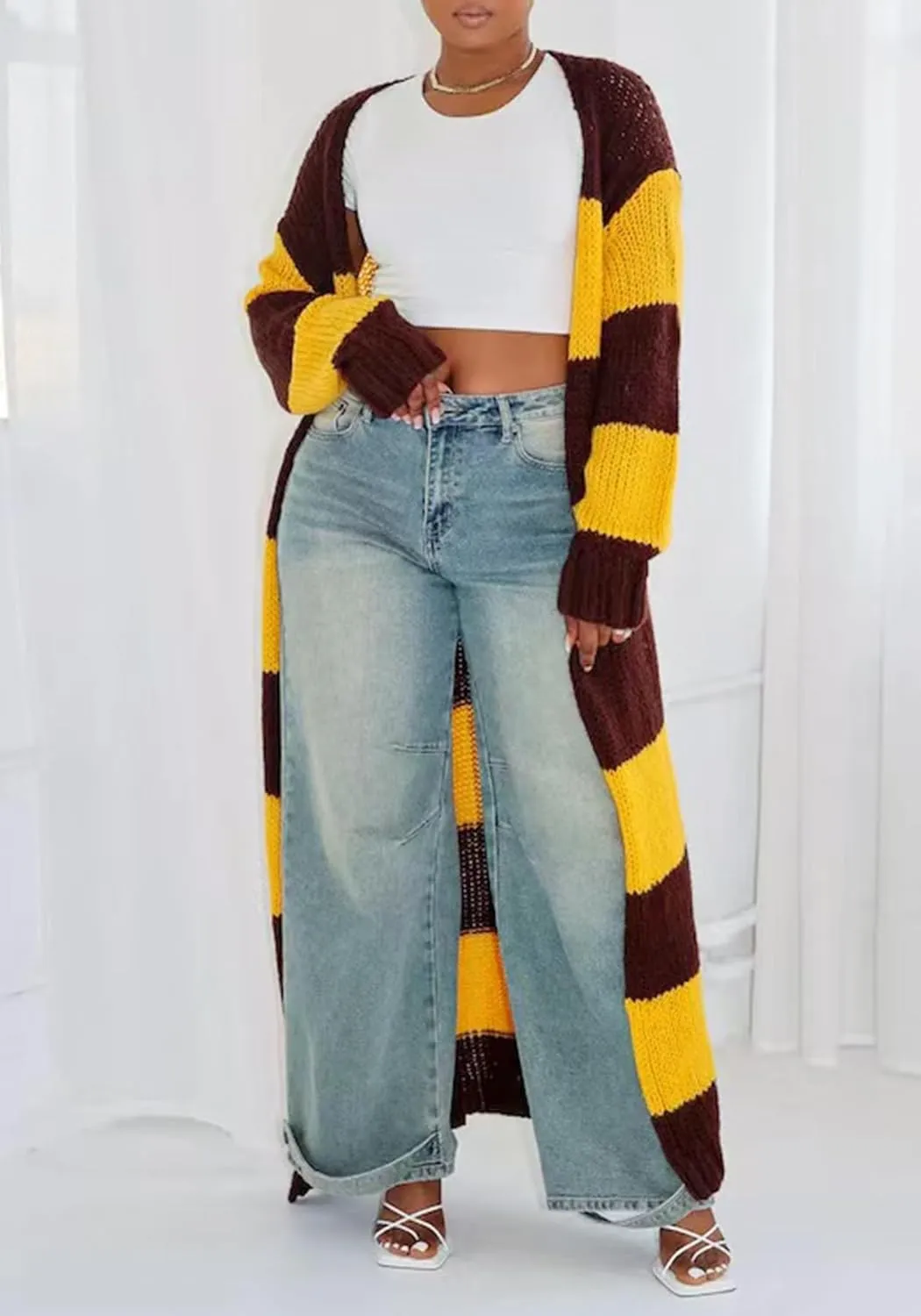 Women's Color Block Striped Long Cardigan Sweaters Open Front Oversized Chunky Knit Slouchy Loose Sweater Coat
