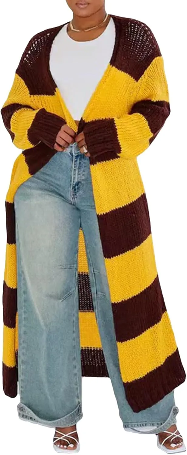 Women's Color Block Striped Long Cardigan Sweaters Open Front Oversized Chunky Knit Slouchy Loose Sweater Coat
