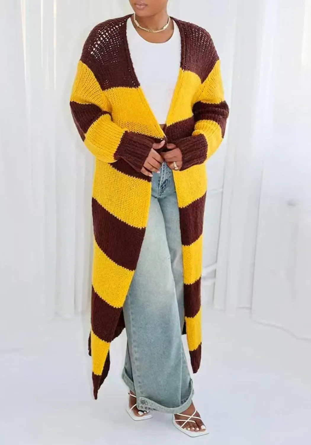 Women's Color Block Striped Long Cardigan Sweaters Open Front Oversized Chunky Knit Slouchy Loose Sweater Coat