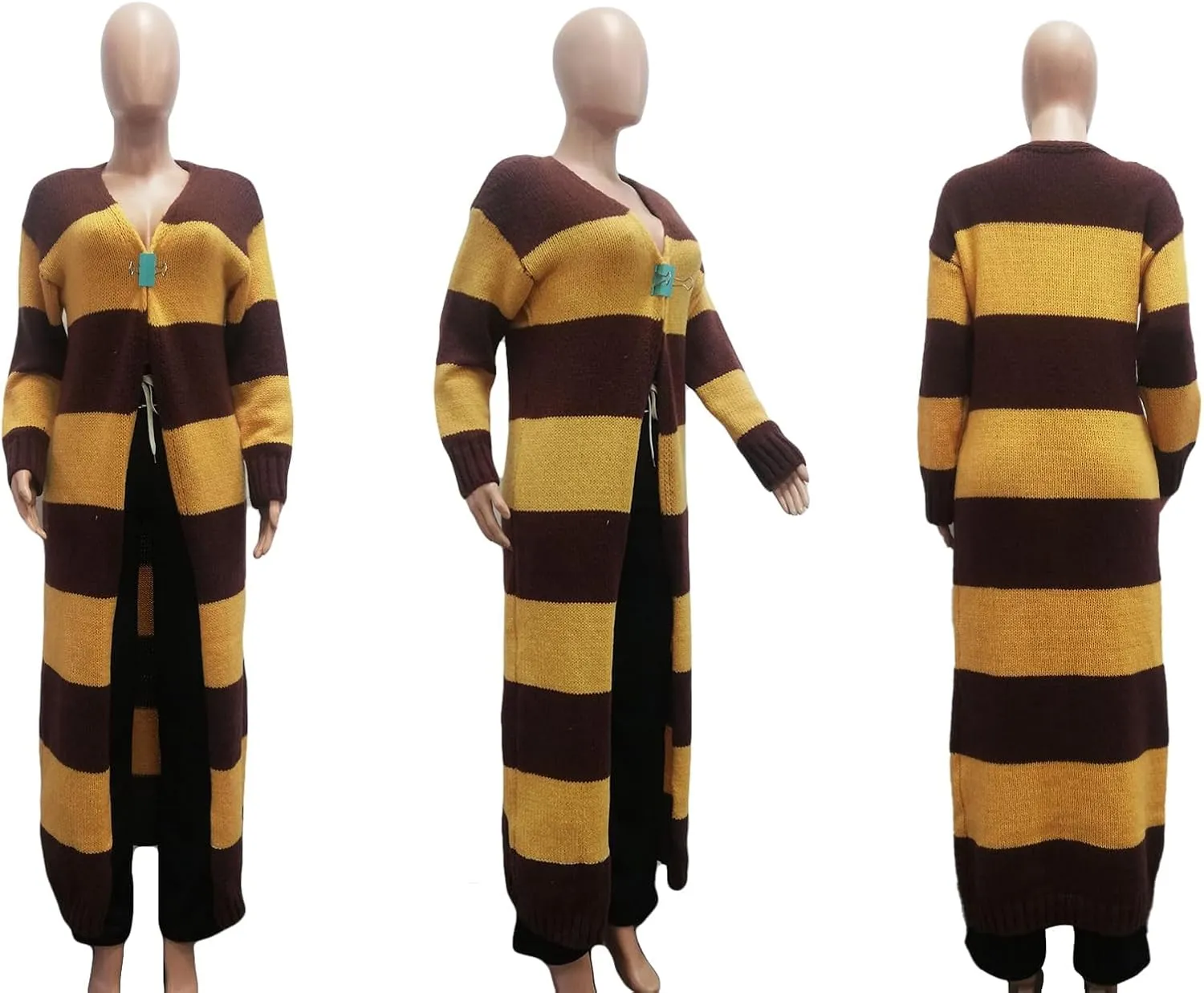 Women's Color Block Striped Long Cardigan Sweaters Open Front Oversized Chunky Knit Slouchy Loose Sweater Coat