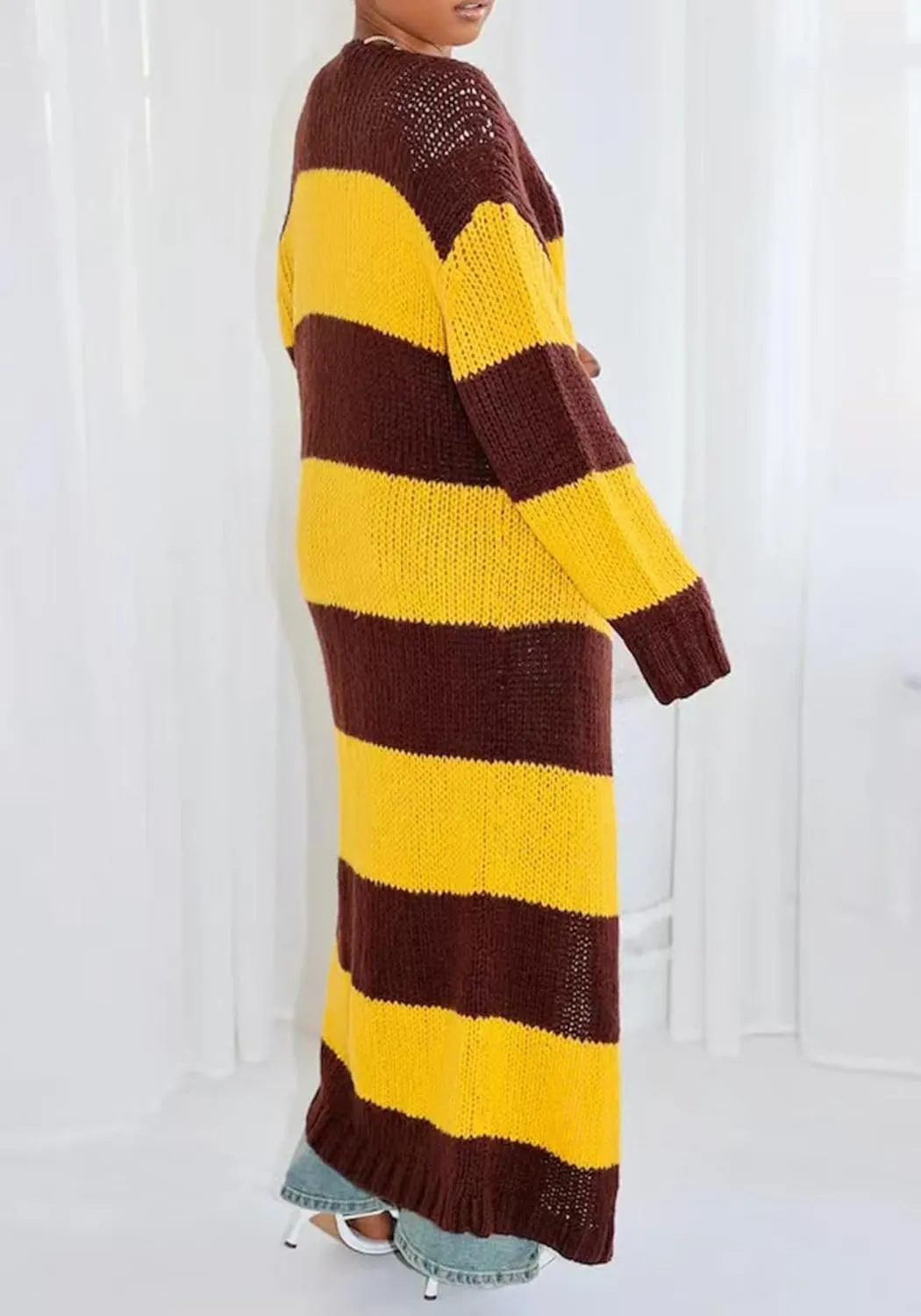 Women's Color Block Striped Long Cardigan Sweaters Open Front Oversized Chunky Knit Slouchy Loose Sweater Coat
