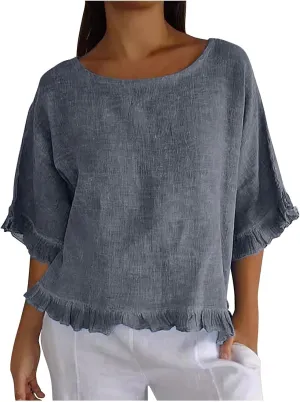 Womens Cotton Linen T Shirts Loose Fit Summer Short Sleeve Round Collar Boxy Tops Comfy Casual Gauze Tops Blouses
