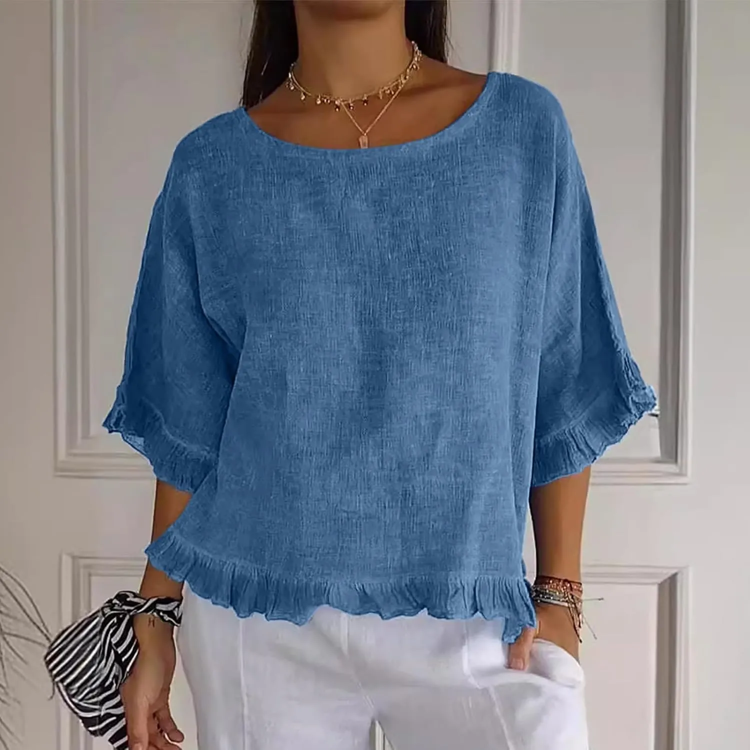 Womens Cotton Linen T Shirts Loose Fit Summer Short Sleeve Round Collar Boxy Tops Comfy Casual Gauze Tops Blouses