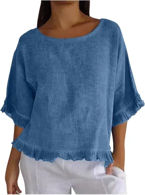 Womens Cotton Linen T Shirts Loose Fit Summer Short Sleeve Round Collar Boxy Tops Comfy Casual Gauze Tops Blouses