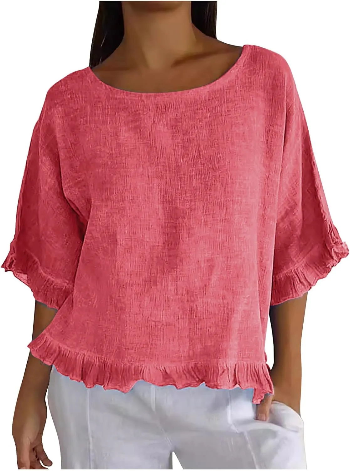 Womens Cotton Linen T Shirts Loose Fit Summer Short Sleeve Round Collar Boxy Tops Comfy Casual Gauze Tops Blouses