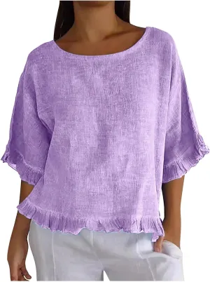 Womens Cotton Linen T Shirts Loose Fit Summer Short Sleeve Round Collar Boxy Tops Comfy Casual Gauze Tops Blouses