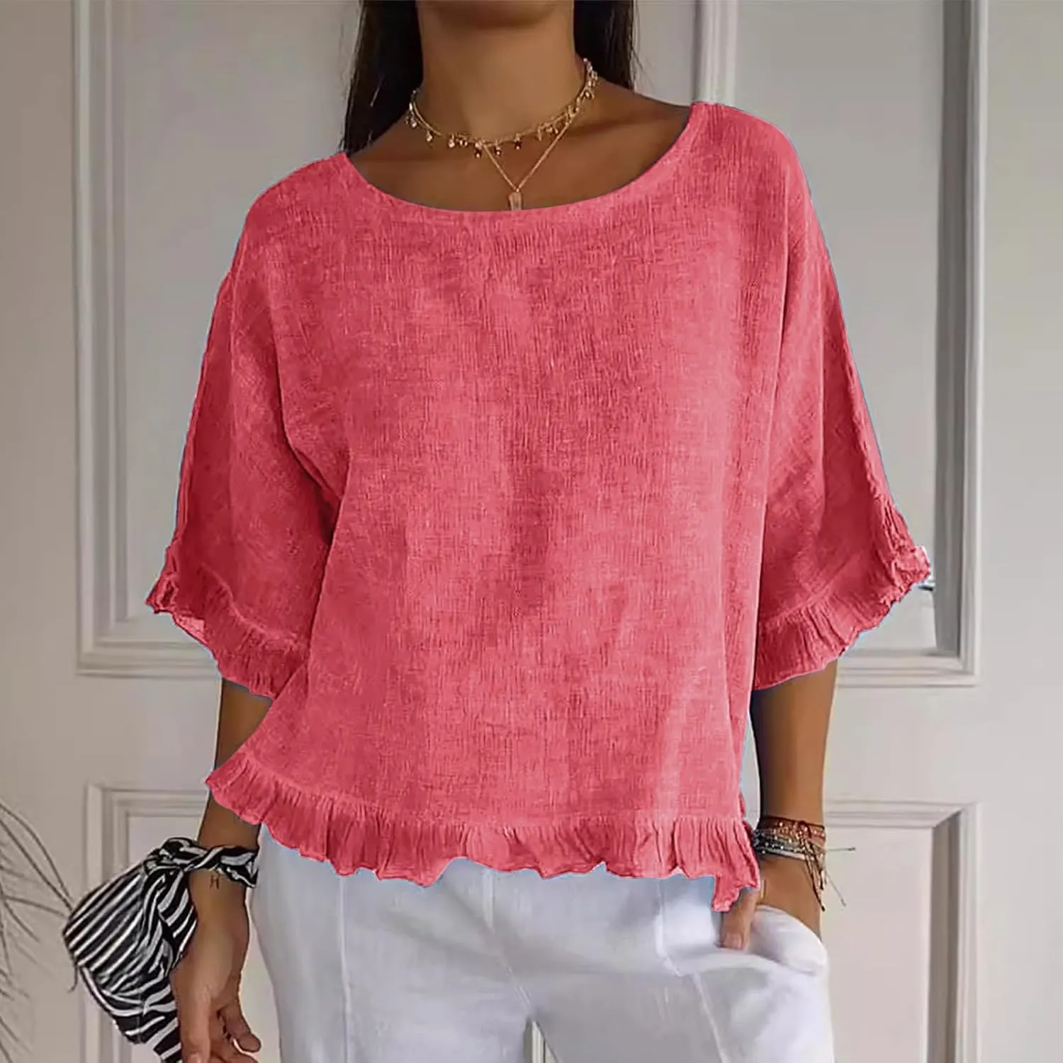 Womens Cotton Linen T Shirts Loose Fit Summer Short Sleeve Round Collar Boxy Tops Comfy Casual Gauze Tops Blouses