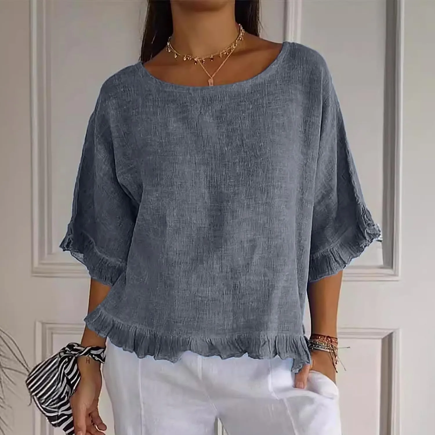 Womens Cotton Linen T Shirts Loose Fit Summer Short Sleeve Round Collar Boxy Tops Comfy Casual Gauze Tops Blouses