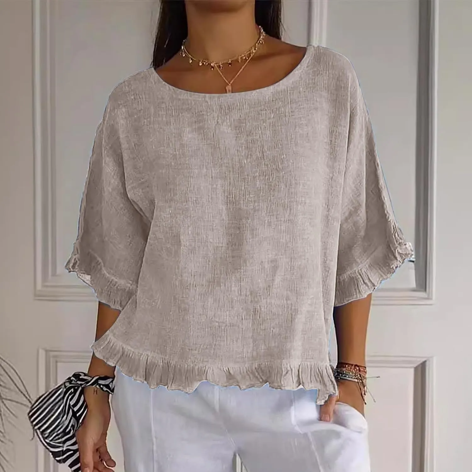 Womens Cotton Linen T Shirts Loose Fit Summer Short Sleeve Round Collar Boxy Tops Comfy Casual Gauze Tops Blouses