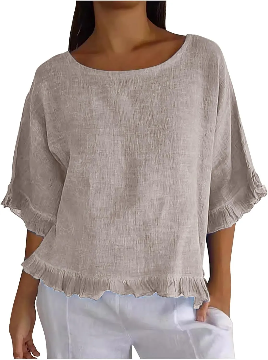 Womens Cotton Linen T Shirts Loose Fit Summer Short Sleeve Round Collar Boxy Tops Comfy Casual Gauze Tops Blouses
