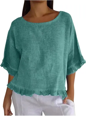 Womens Cotton Linen T Shirts Loose Fit Summer Short Sleeve Round Collar Boxy Tops Comfy Casual Gauze Tops Blouses