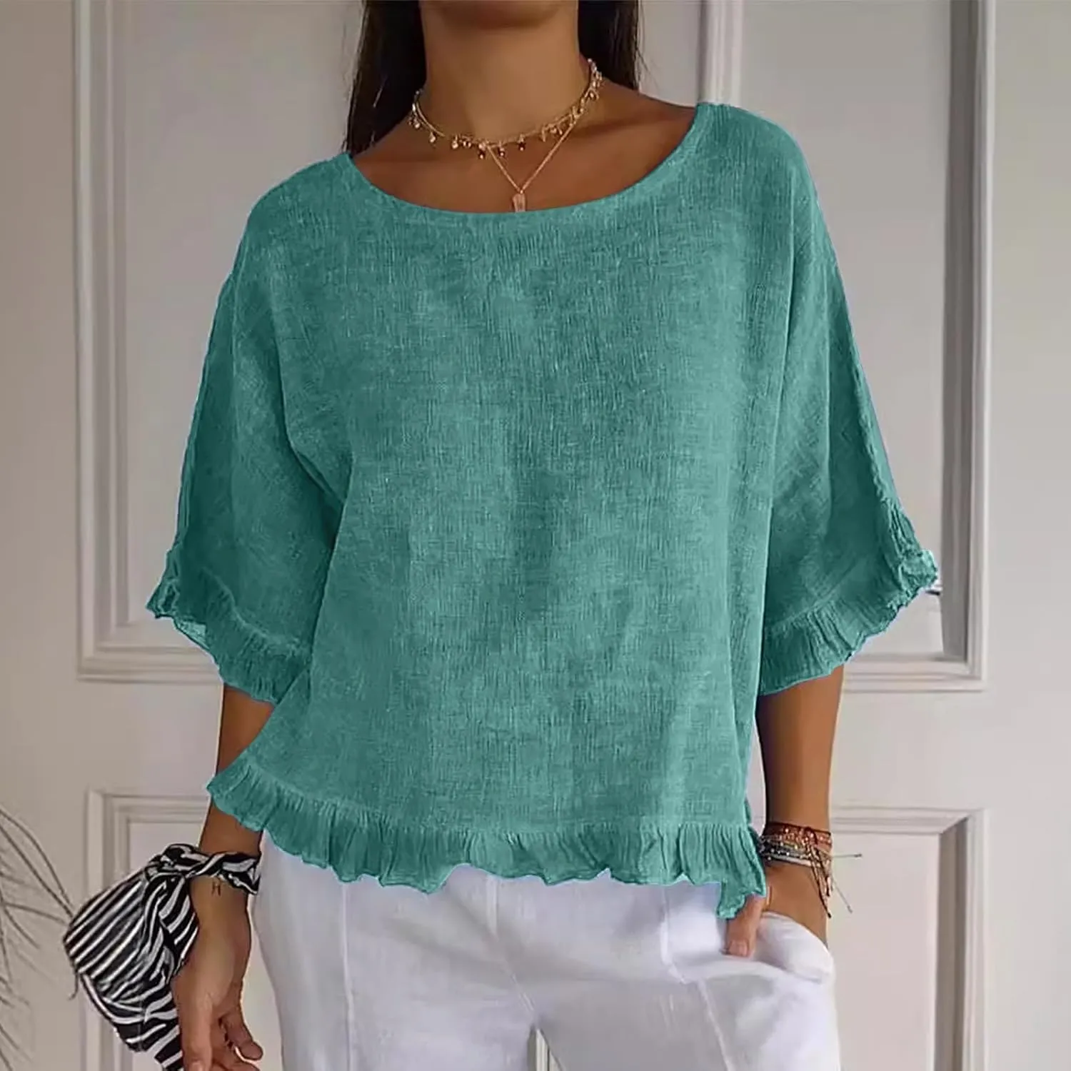 Womens Cotton Linen T Shirts Loose Fit Summer Short Sleeve Round Collar Boxy Tops Comfy Casual Gauze Tops Blouses