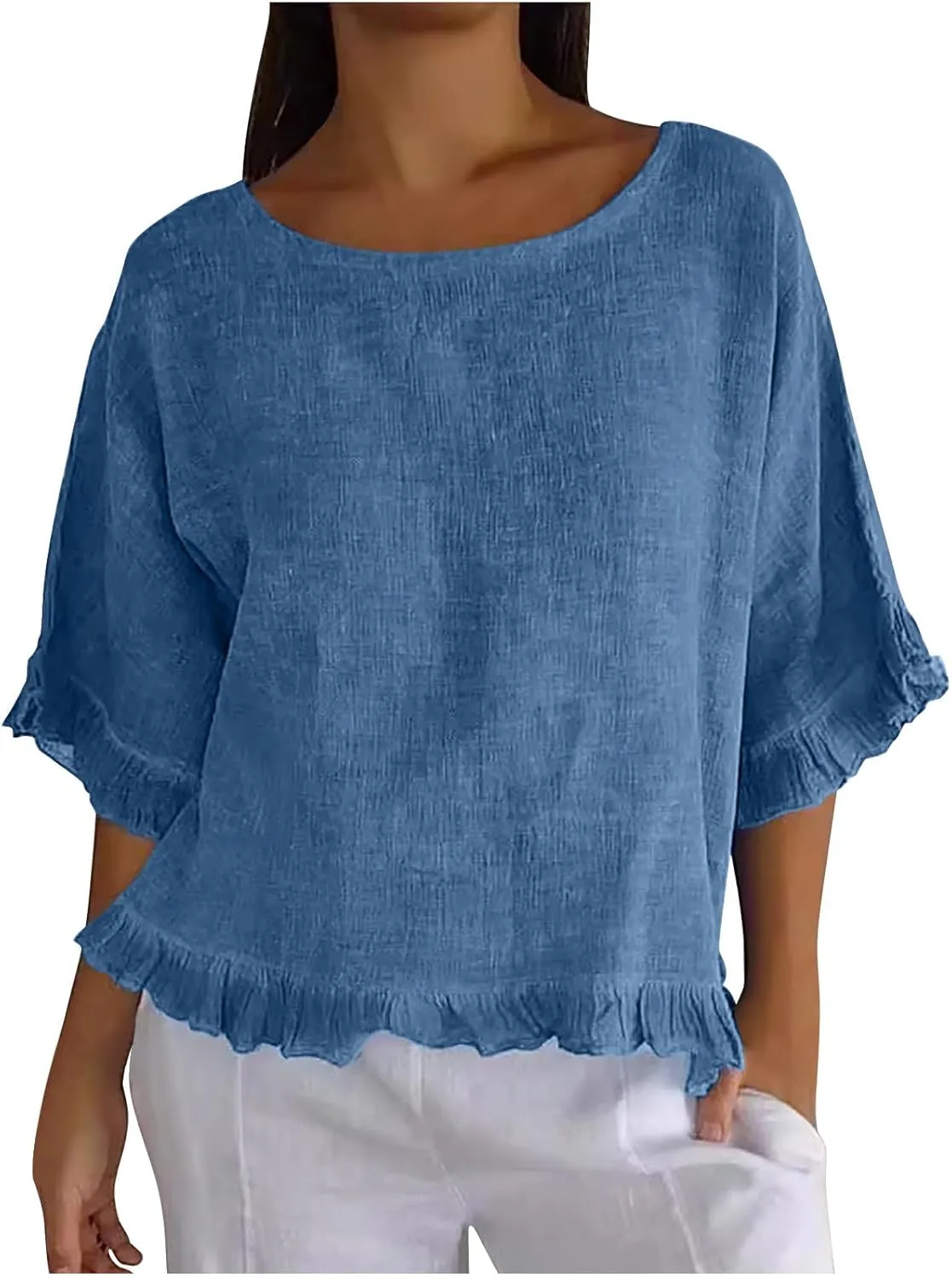 Womens Cotton Linen T Shirts Loose Fit Summer Short Sleeve Round Collar Boxy Tops Comfy Casual Gauze Tops Blouses