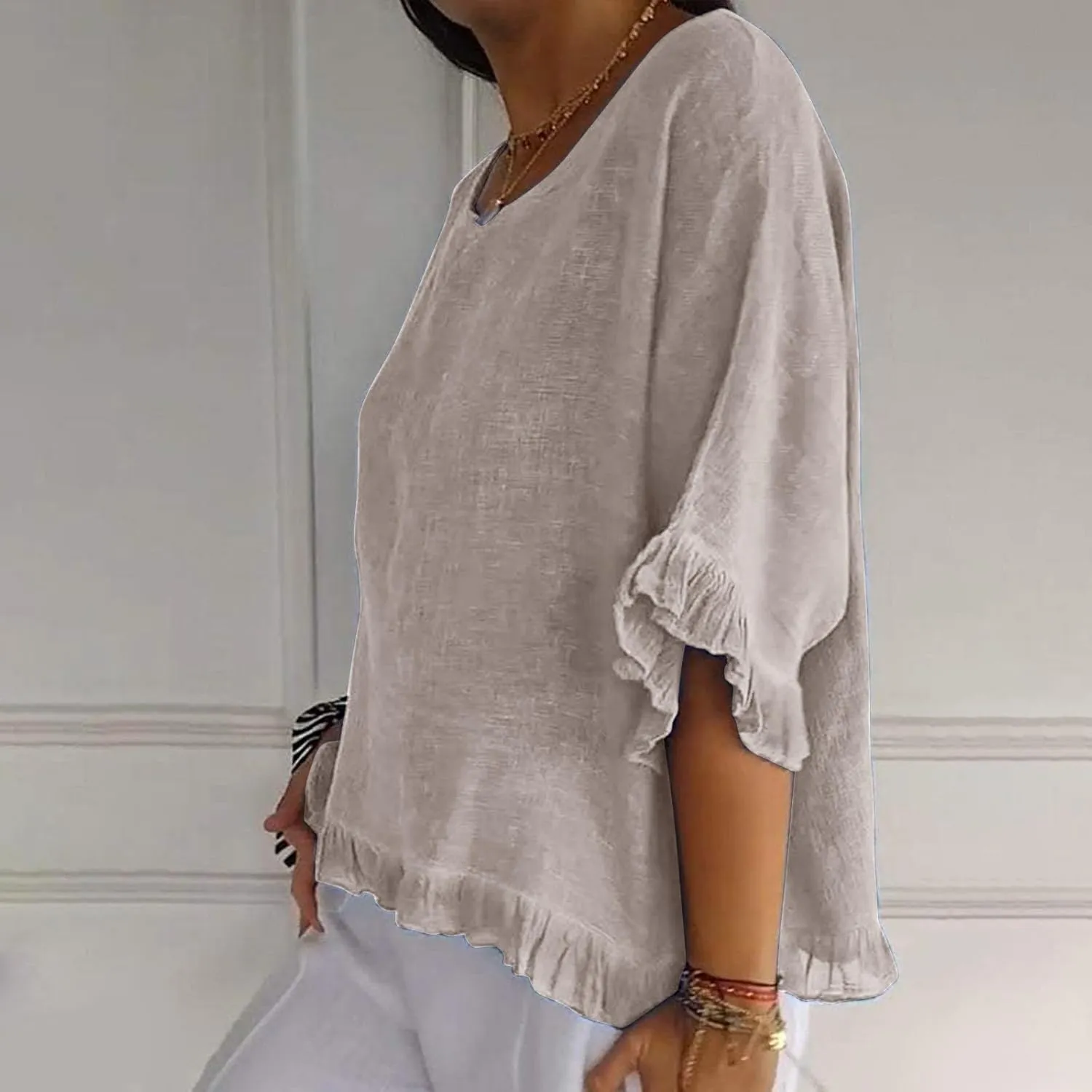 Womens Cotton Linen T Shirts Loose Fit Summer Short Sleeve Round Collar Boxy Tops Comfy Casual Gauze Tops Blouses