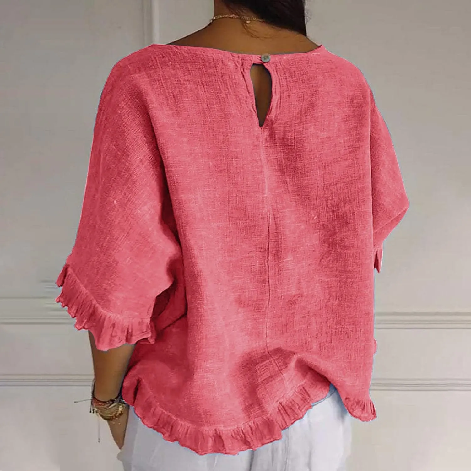 Womens Cotton Linen T Shirts Loose Fit Summer Short Sleeve Round Collar Boxy Tops Comfy Casual Gauze Tops Blouses