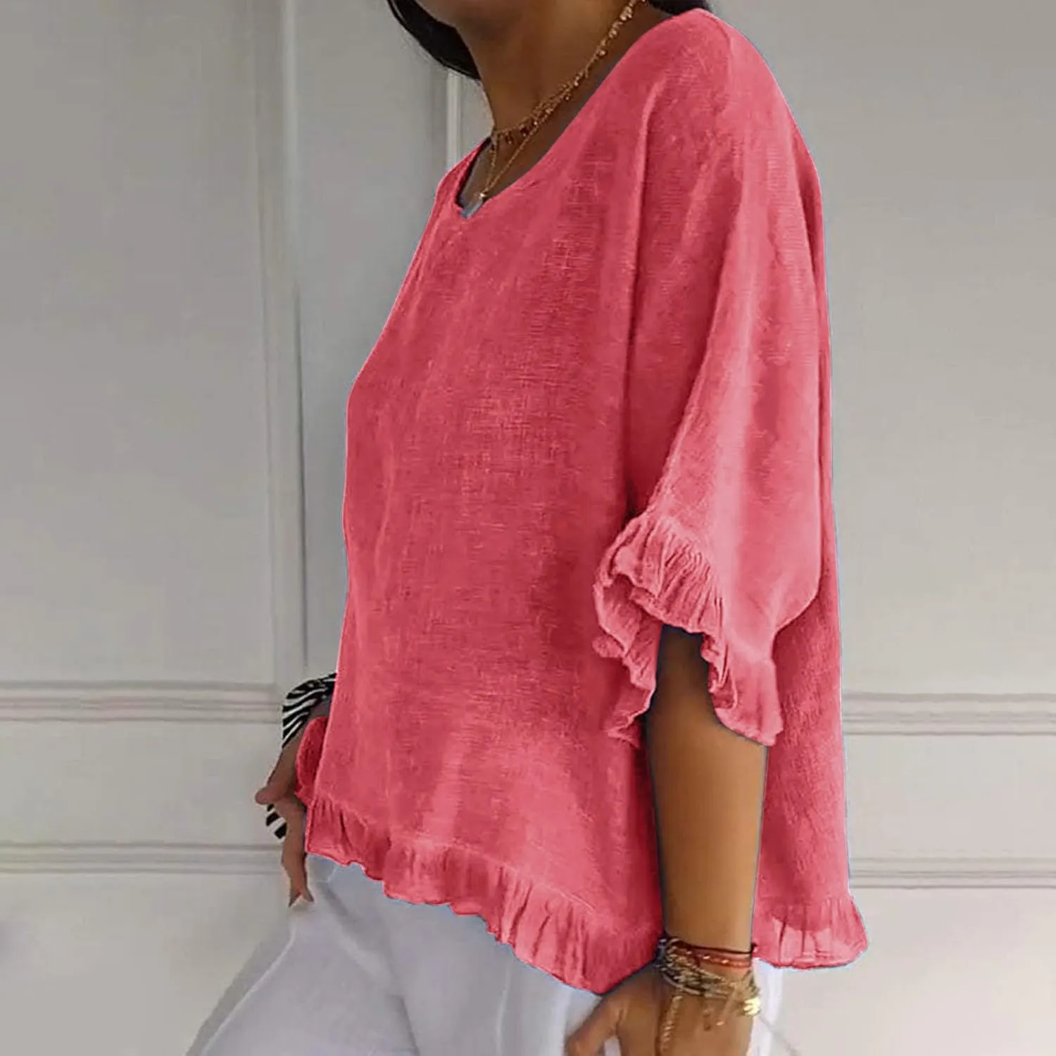 Womens Cotton Linen T Shirts Loose Fit Summer Short Sleeve Round Collar Boxy Tops Comfy Casual Gauze Tops Blouses
