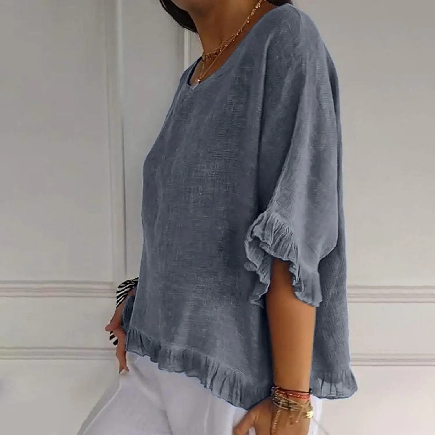 Womens Cotton Linen T Shirts Loose Fit Summer Short Sleeve Round Collar Boxy Tops Comfy Casual Gauze Tops Blouses