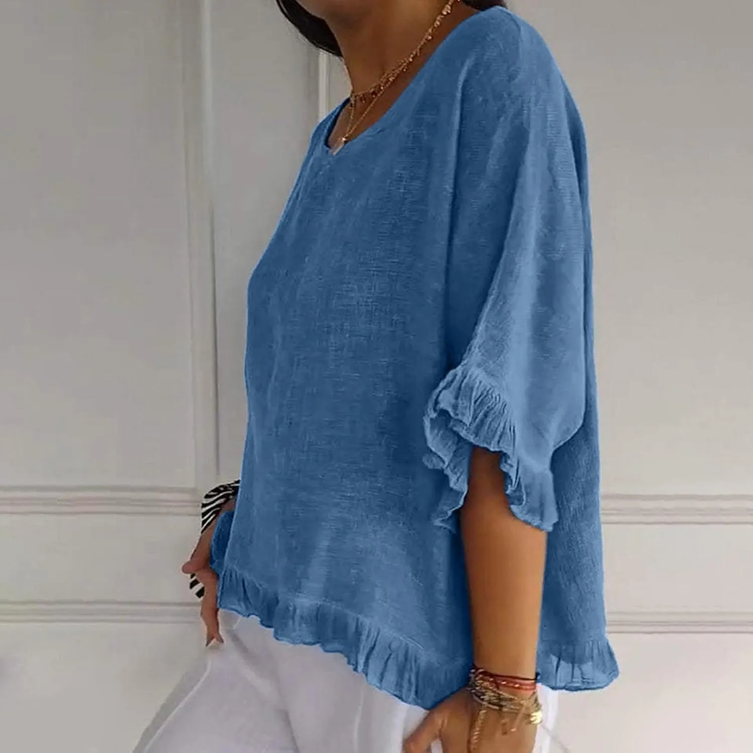 Womens Cotton Linen T Shirts Loose Fit Summer Short Sleeve Round Collar Boxy Tops Comfy Casual Gauze Tops Blouses