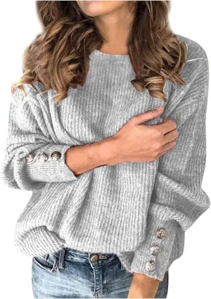 Women's Crewneck Sweater Solid Chunky Cable Knit Pullover Jumper Button Sleeve Tops Trendy Thermal Shirts Plus Size