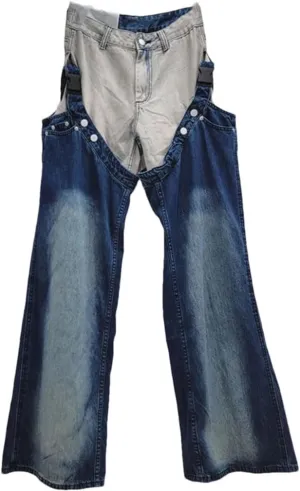Women's Denim Pants Patchwork 2 Pcs Set Washed Straight Contrast Color Cool Jeans