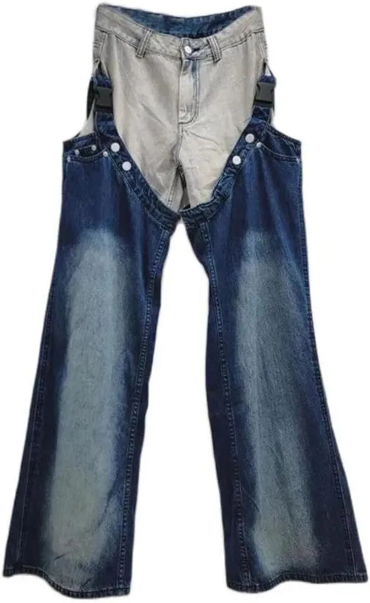 Women's Denim Pants Patchwork 2 Pcs Set Washed Straight Contrast Color Cool Jeans