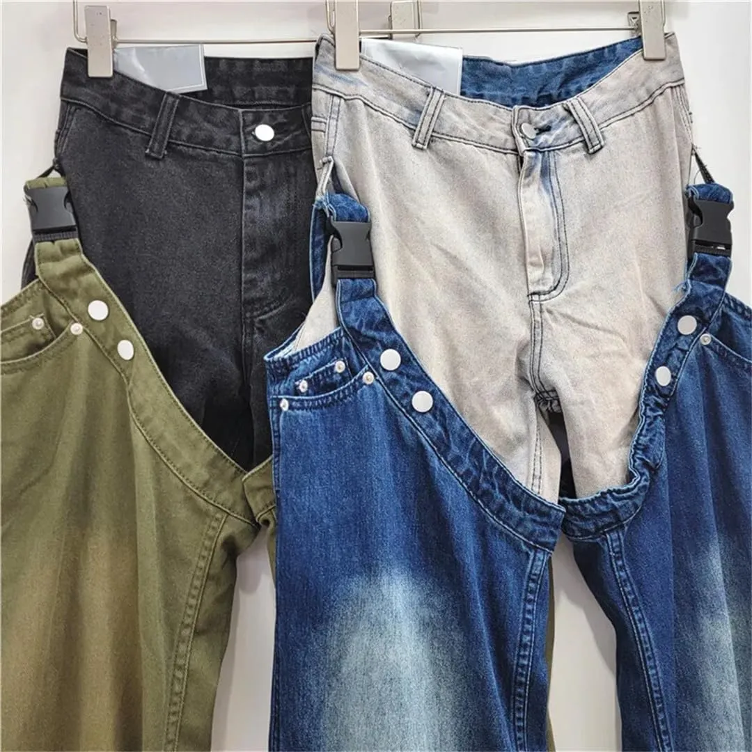 Women's Denim Pants Patchwork 2 Pcs Set Washed Straight Contrast Color Cool Jeans