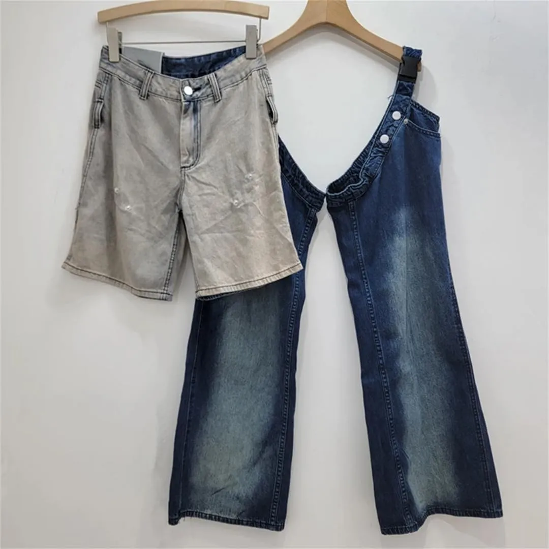 Women's Denim Pants Patchwork 2 Pcs Set Washed Straight Contrast Color Cool Jeans