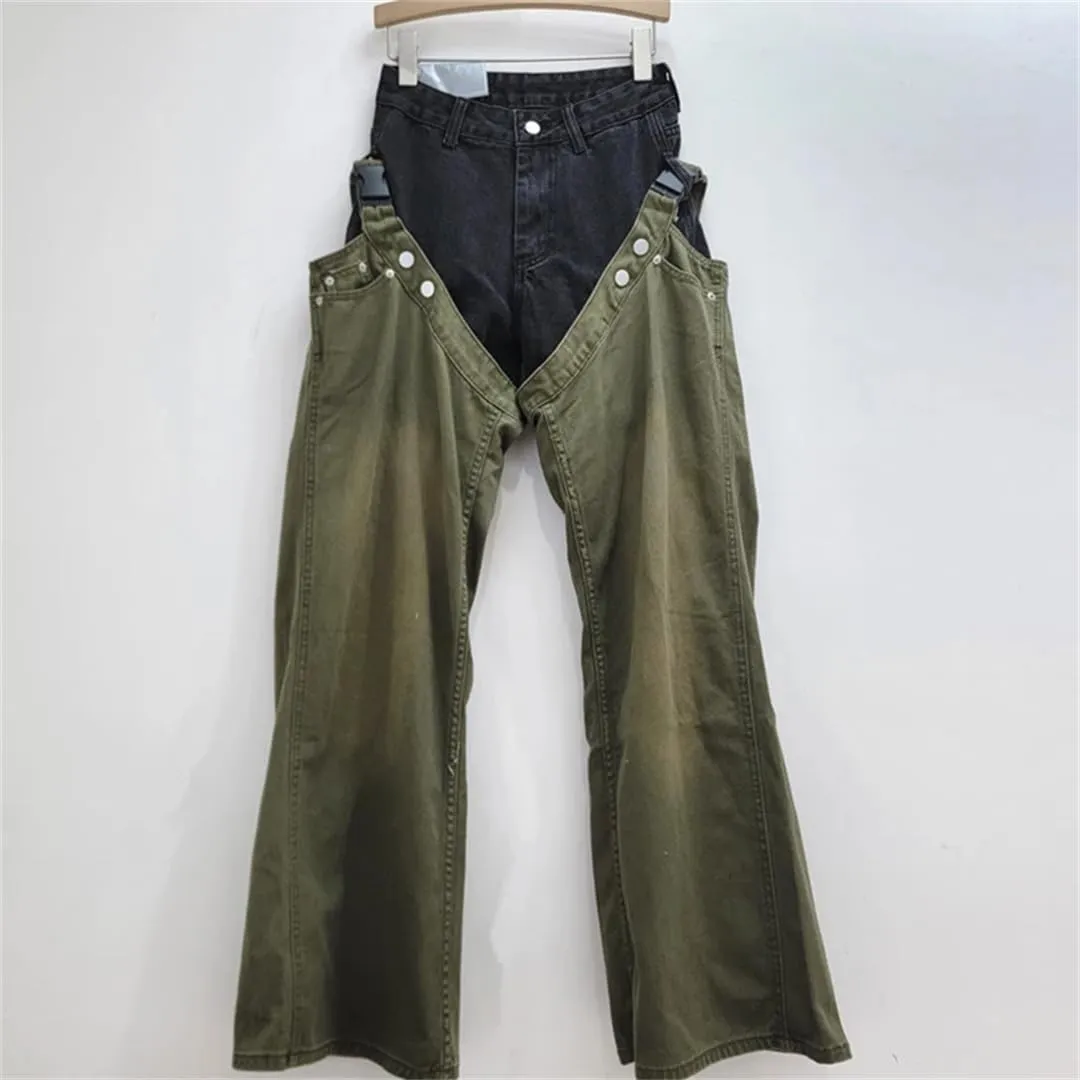 Women's Denim Pants Patchwork 2 Pcs Set Washed Straight Contrast Color Cool Jeans