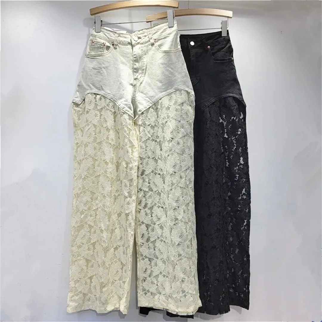 Women's Denim Pants Patchwork Lace Hollow Out Straight Solid Color Female Elegant Jeans