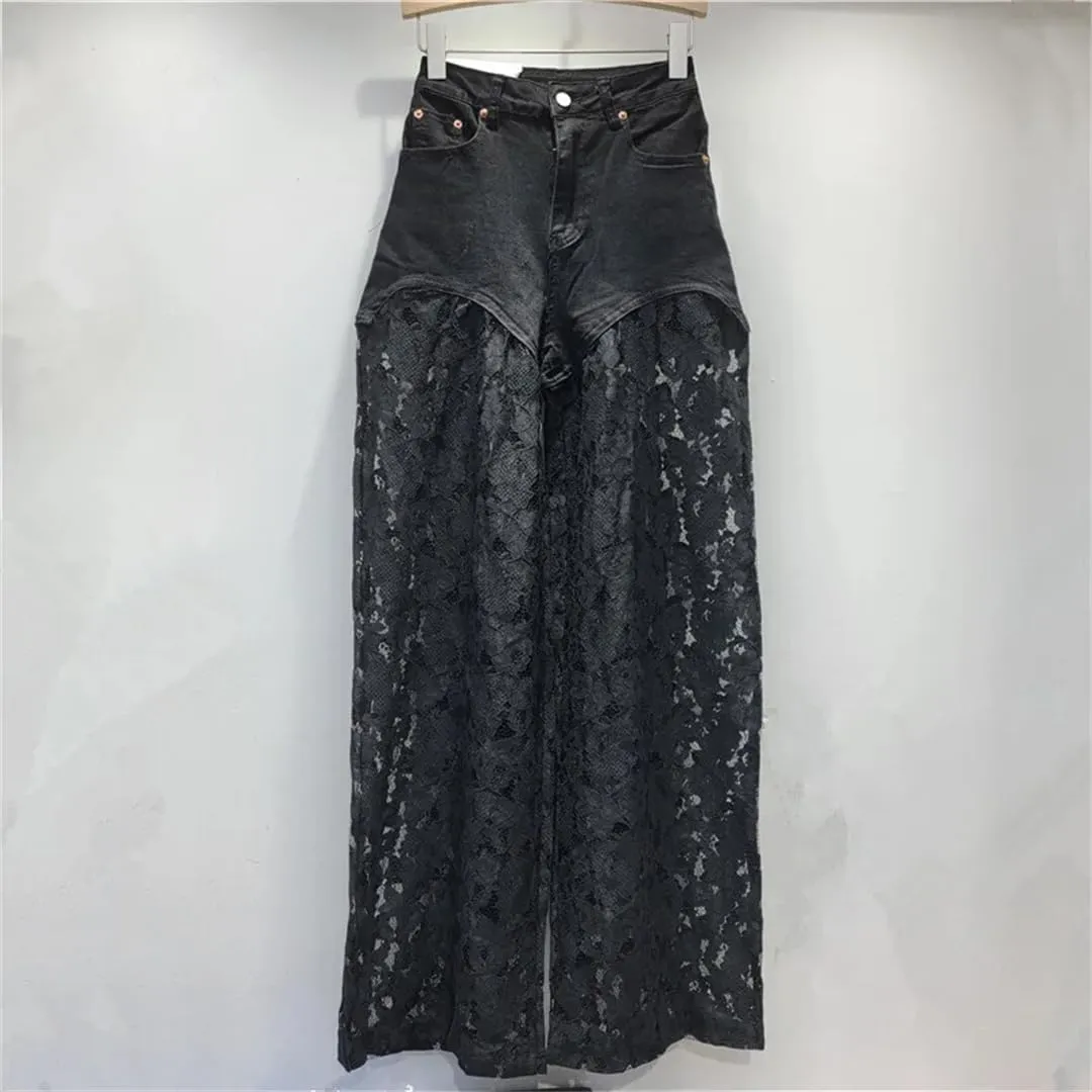 Women's Denim Pants Patchwork Lace Hollow Out Straight Solid Color Female Elegant Jeans