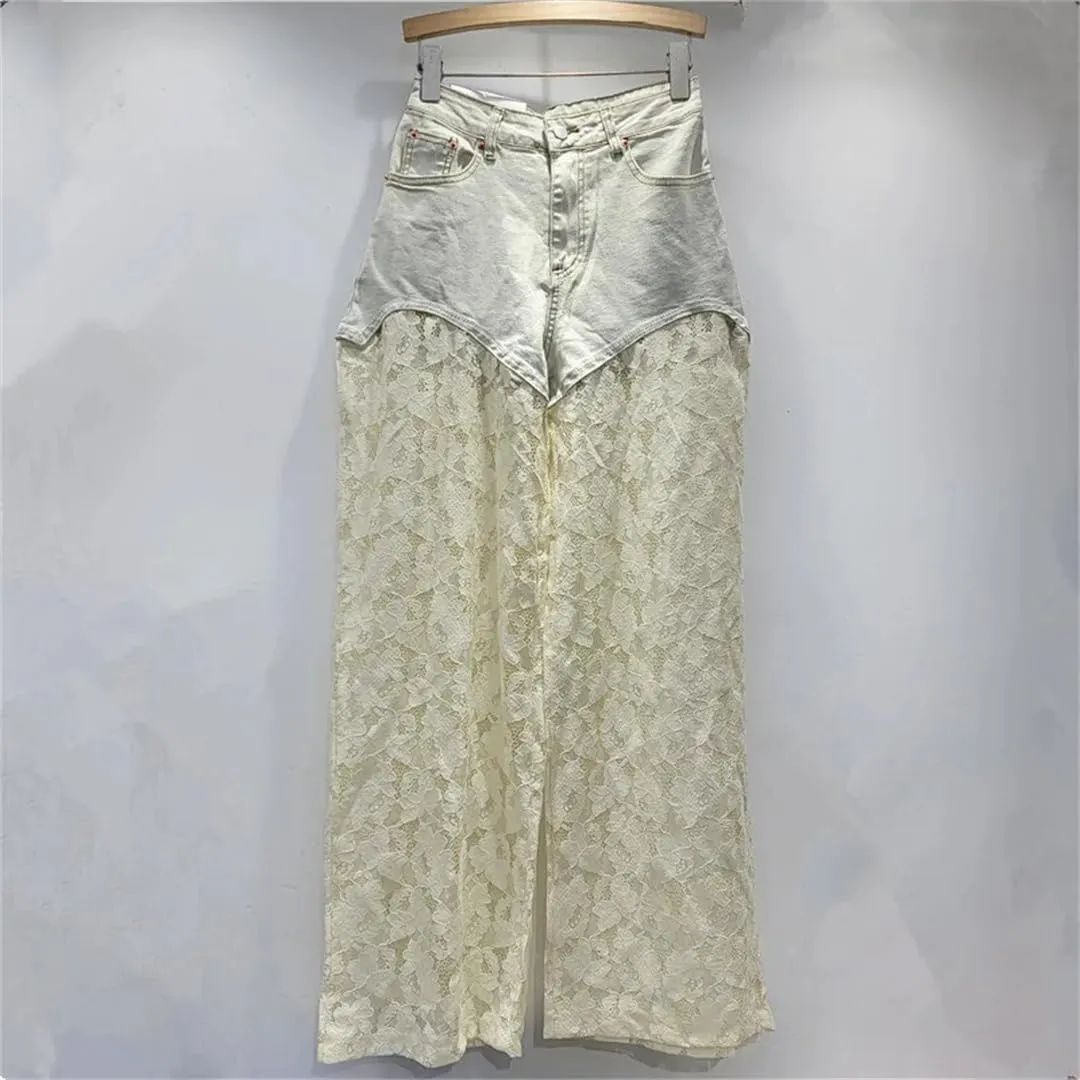 Women's Denim Pants Patchwork Lace Hollow Out Straight Solid Color Female Elegant Jeans