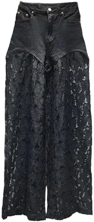 Women's Denim Pants Patchwork Lace Hollow Out Straight Solid Color Female Elegant Jeans