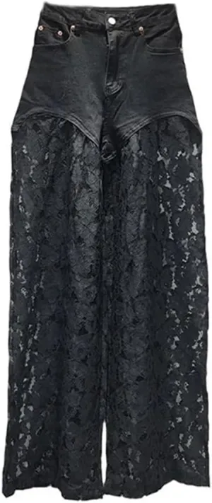 Women's Denim Pants Patchwork Lace Hollow Out Straight Solid Color Female Elegant Jeans