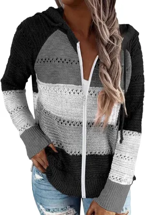 Womens Fall Fashion 2024 Hoodies Striped Color Block Sweaters Casual V Neck Waffle Knit Zipper Tops