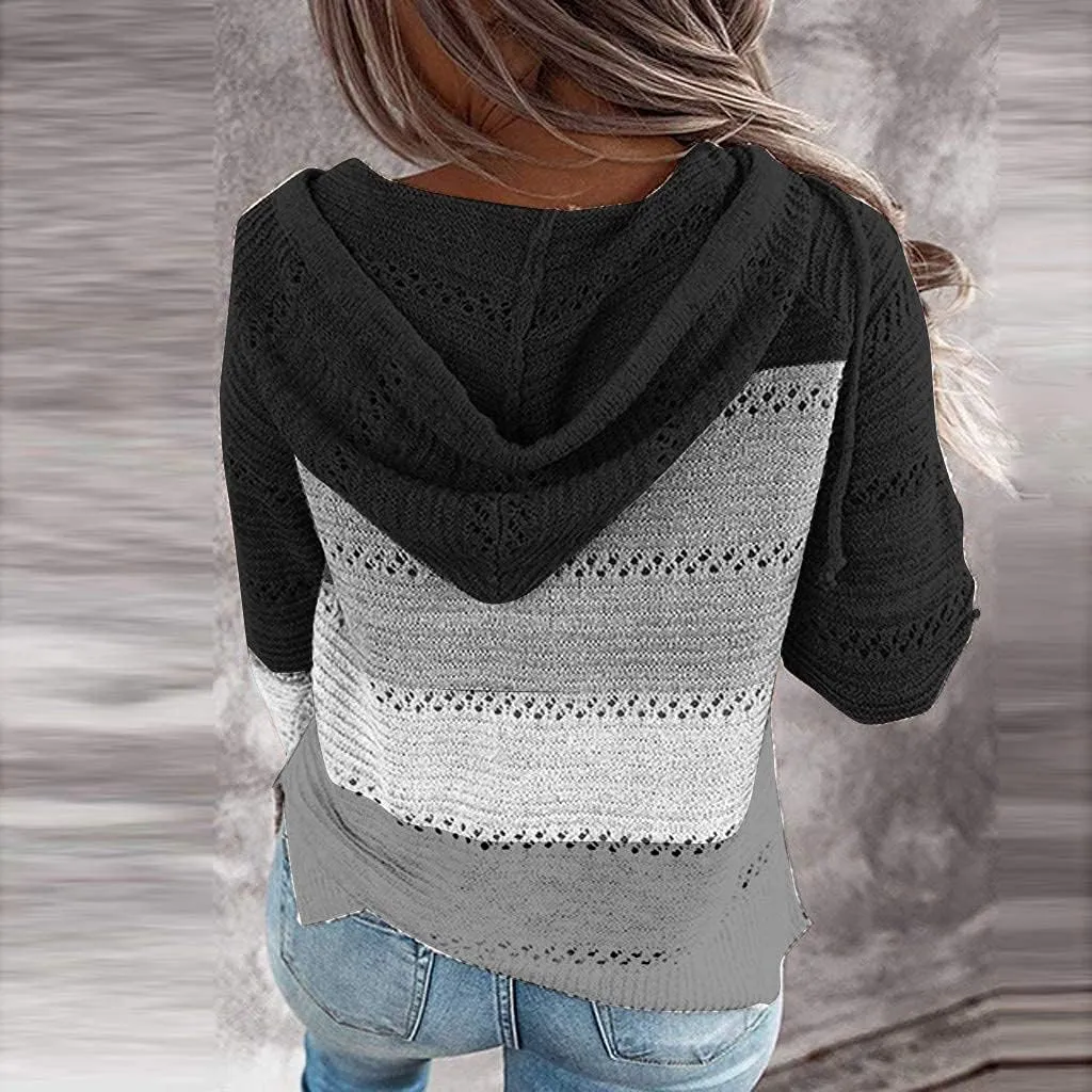 Womens Fall Fashion 2024 Hoodies Striped Color Block Sweaters Casual V Neck Waffle Knit Zipper Tops