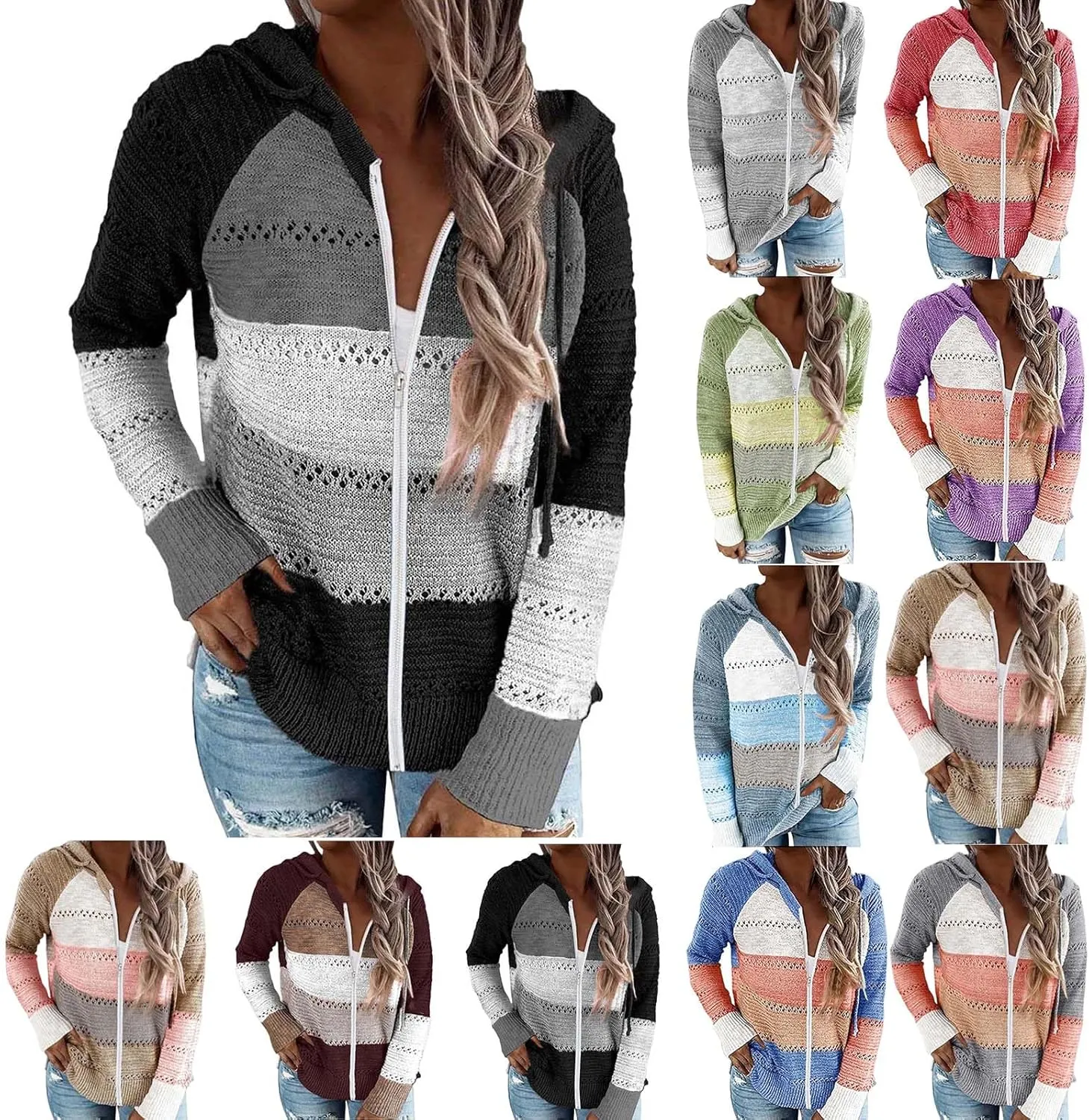 Womens Fall Fashion 2024 Hoodies Striped Color Block Sweaters Casual V Neck Waffle Knit Zipper Tops