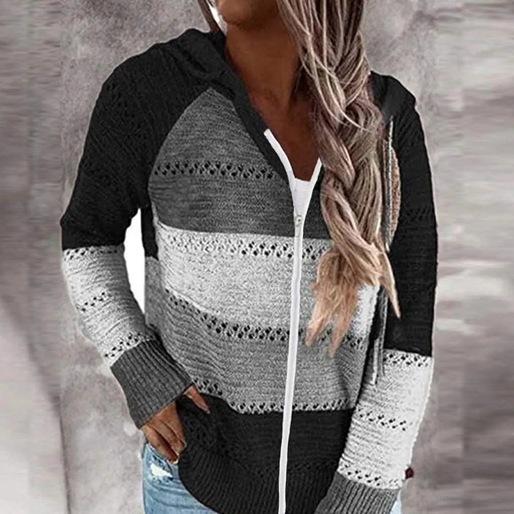 Womens Fall Fashion 2024 Hoodies Striped Color Block Sweaters Casual V Neck Waffle Knit Zipper Tops
