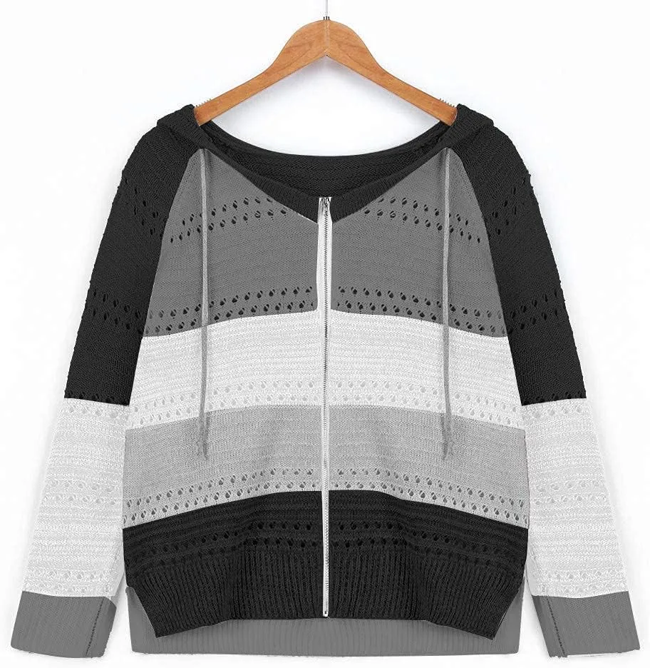 Womens Fall Fashion 2024 Hoodies Striped Color Block Sweaters Casual V Neck Waffle Knit Zipper Tops