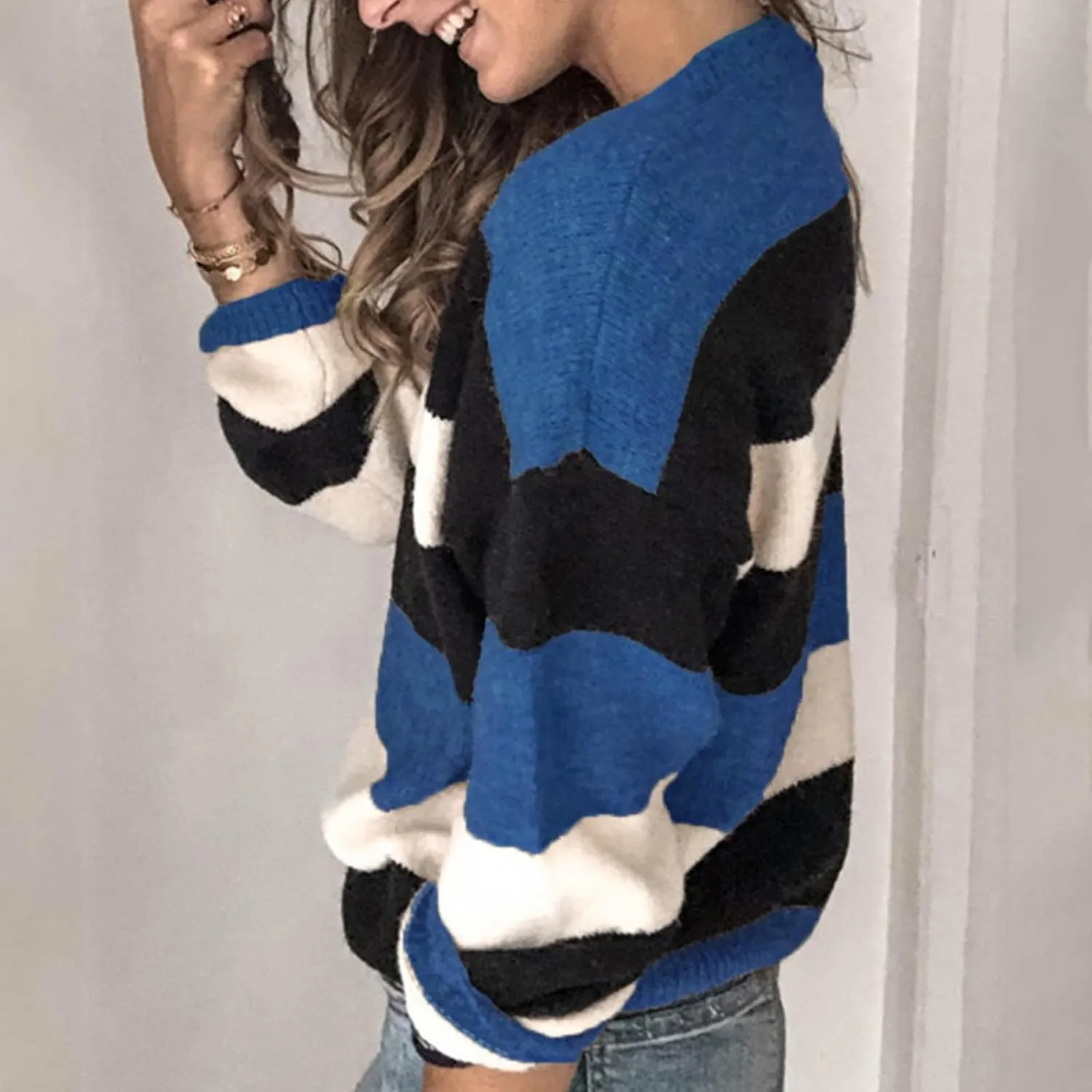Womens Fall Sweater Long Sleeve Loose Knitted Split Round Neck Pullover Sweater Side Slit Pullover Tops Women's
