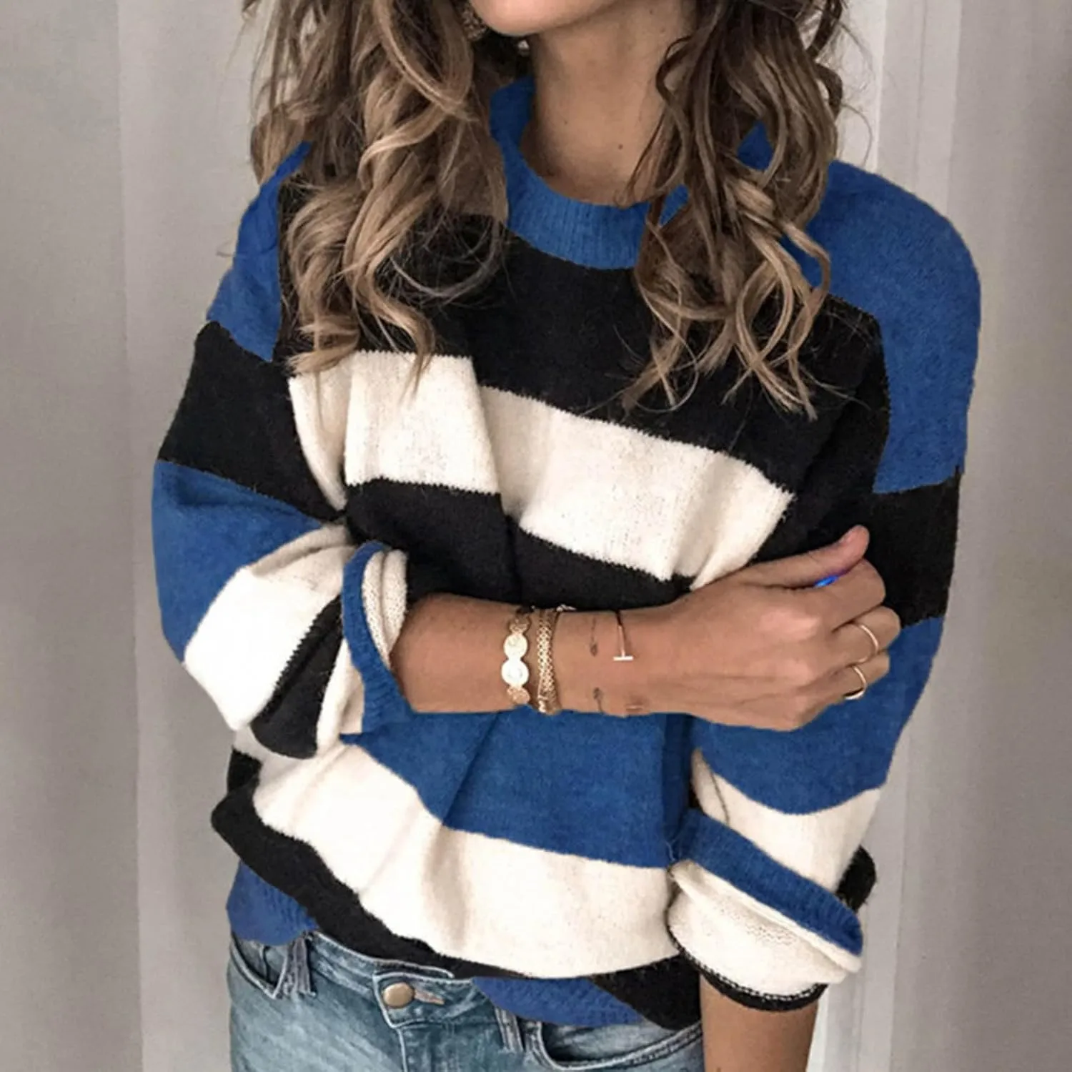 Womens Fall Sweater Long Sleeve Loose Knitted Split Round Neck Pullover Sweater Side Slit Pullover Tops Women's