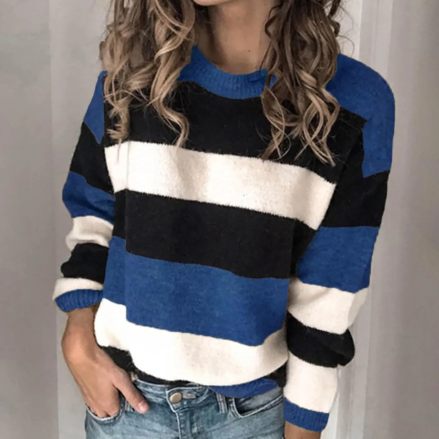 Womens Fall Sweater Long Sleeve Loose Knitted Split Round Neck Pullover Sweater Side Slit Pullover Tops Women's