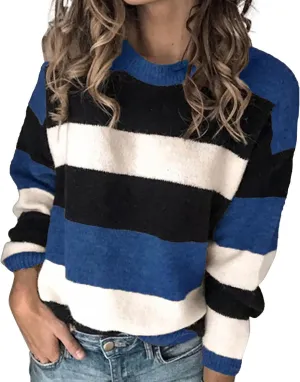 Womens Fall Sweater Long Sleeve Loose Knitted Split Round Neck Pullover Sweater Side Slit Pullover Tops Women's