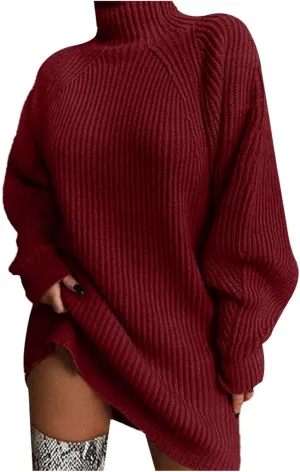Womens Fall Turtleneck Sweater Sweater Mid Length Dress with Shoulder Sleeves and Half Turtleneck Sweater Tunic