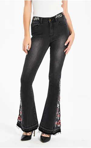 Womens Floral Embroidered High Waisted Flare Bell Bottom Jeans 70s Outfits Bootcut Jeans Wide Leg Long Denim Pants