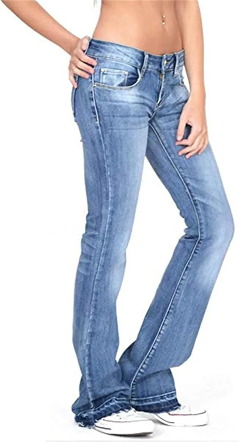 Women's Fringe Washed Bootleg Jeans Ripped Flare Low Rise Fitted Denim Pants Classic Stretch Curvy Bootcut Jeans