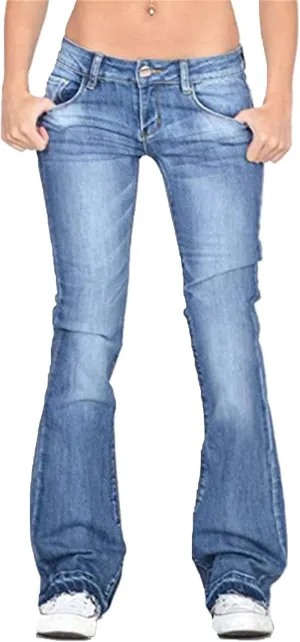 Women's Fringe Washed Bootleg Jeans Ripped Flare Low Rise Fitted Denim Pants Classic Stretch Curvy Bootcut Jeans