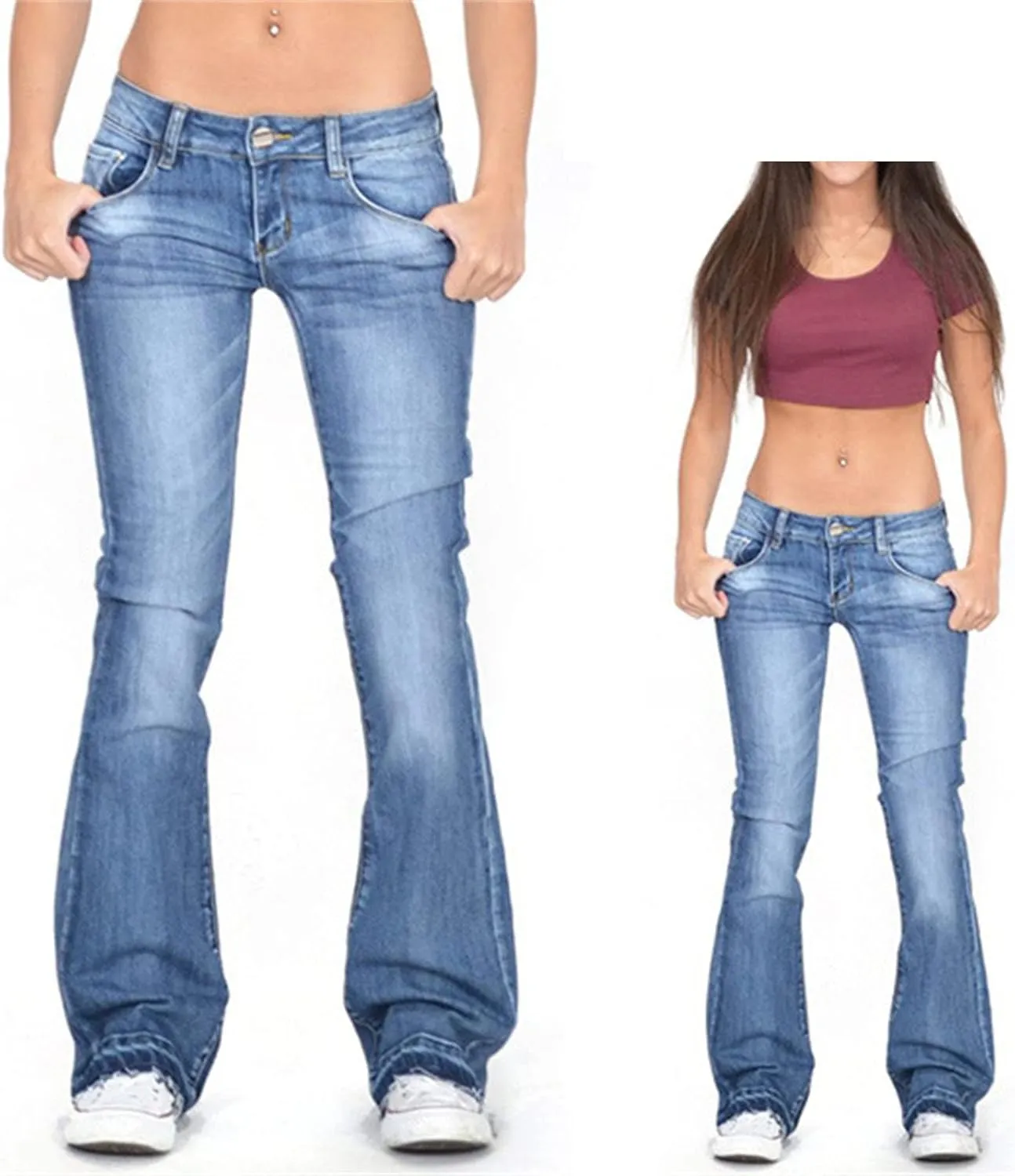 Women's Fringe Washed Bootleg Jeans Ripped Flare Low Rise Fitted Denim Pants Classic Stretch Curvy Bootcut Jeans