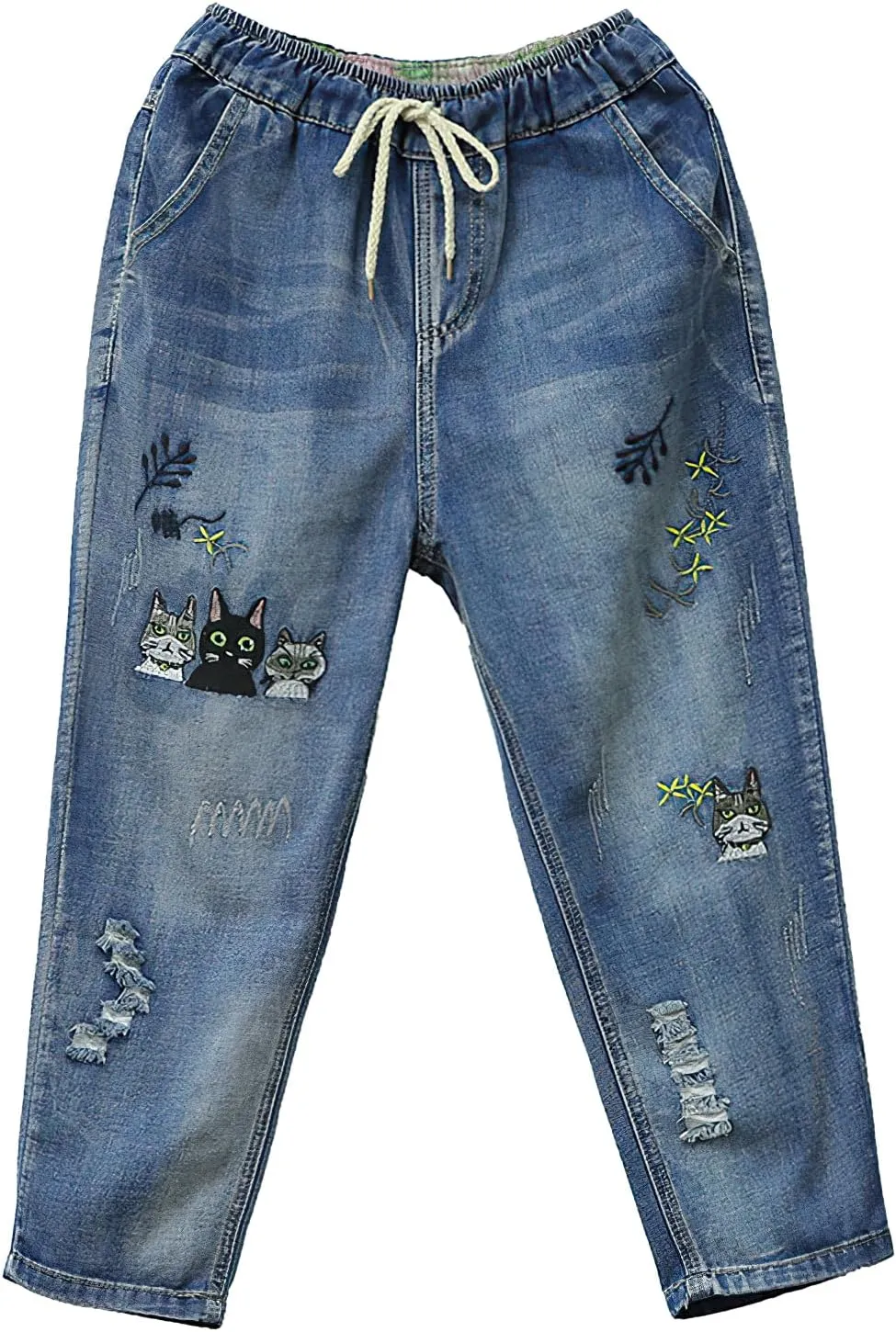 Womens Harem Capri Jeans Vintage High Waist Embroidered Jeans Elastic Lace-Up Boyfriend Denim Pants Casual Trousers